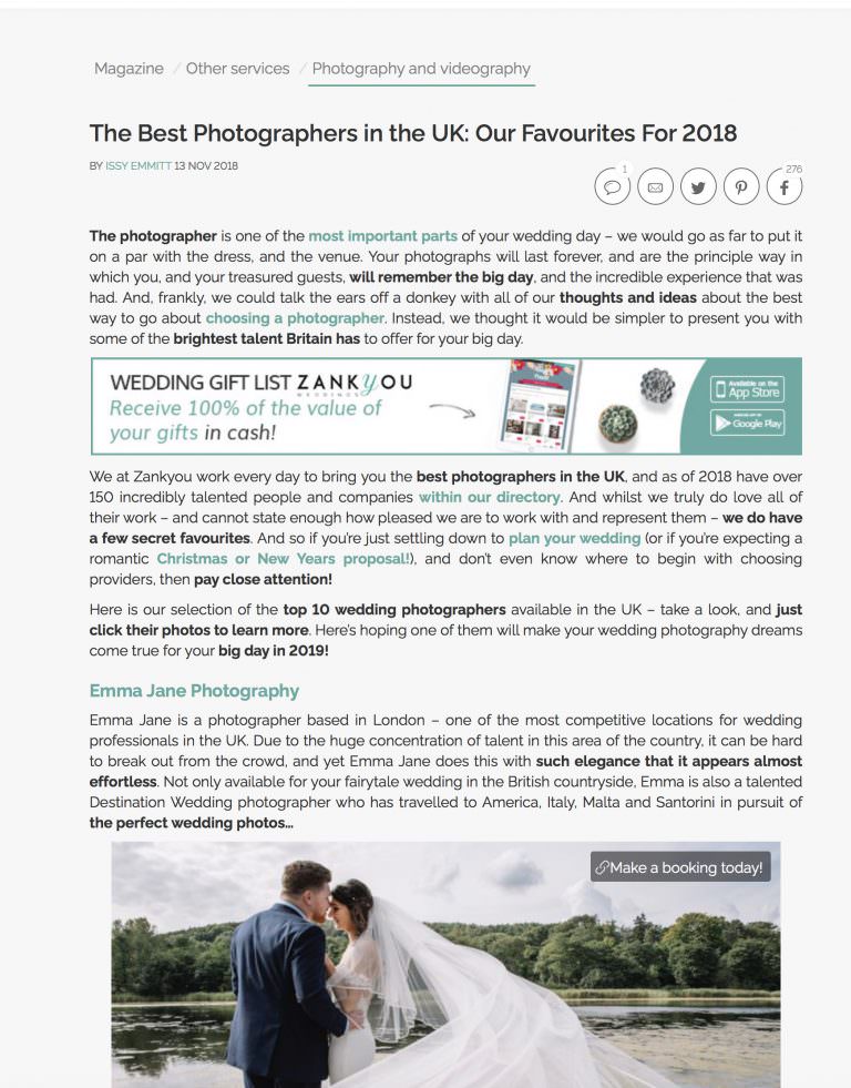 Listed as one of the Top 10 wedding photographers of the UK.